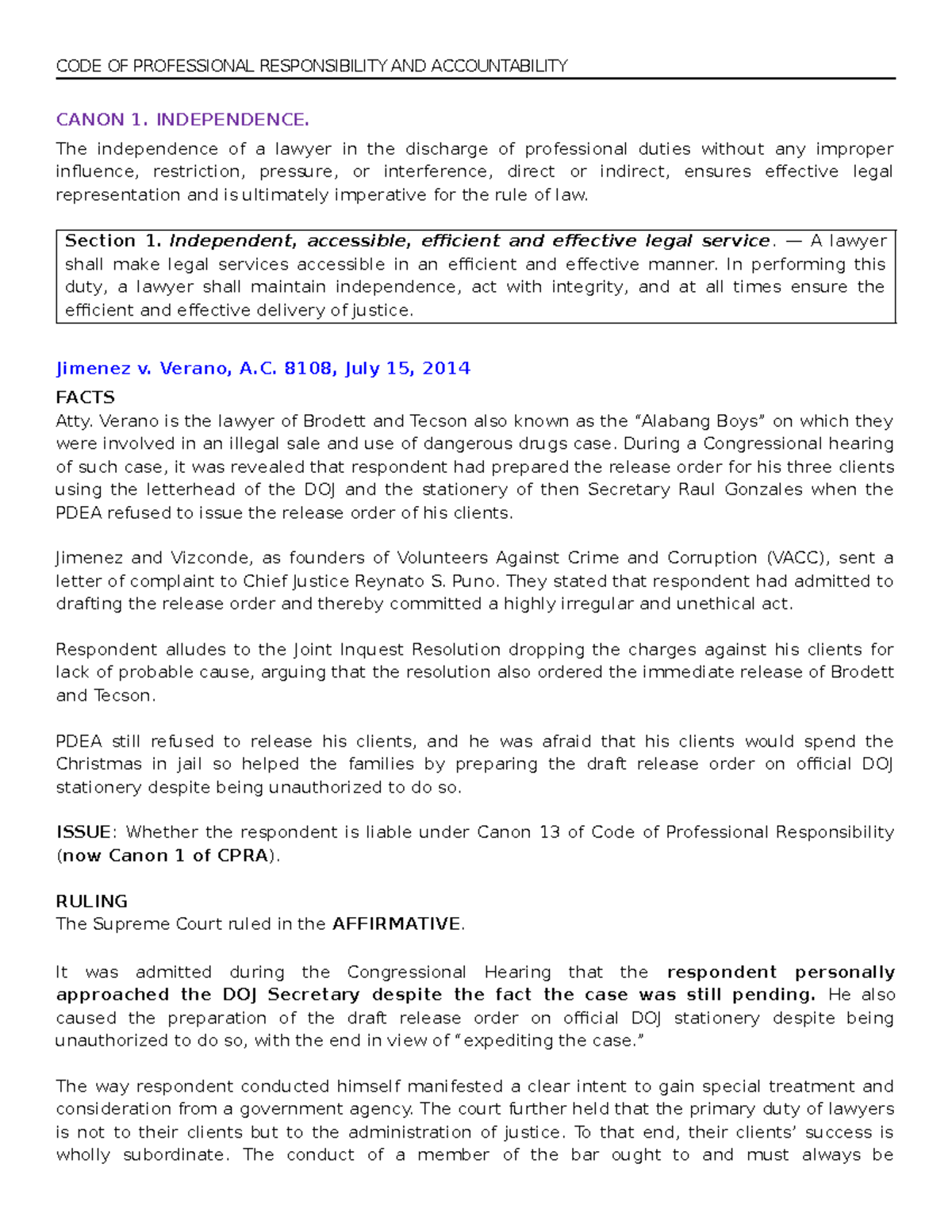 Canon 1: Independence in Legal Practice - Code of Professional ...