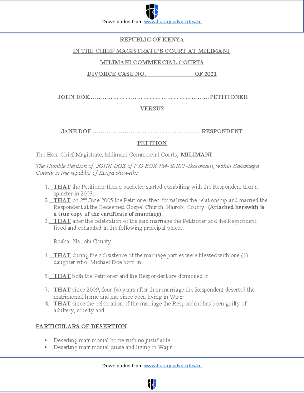 Sample Divorce Petition - Divorce Case No. 2021 - Studocu