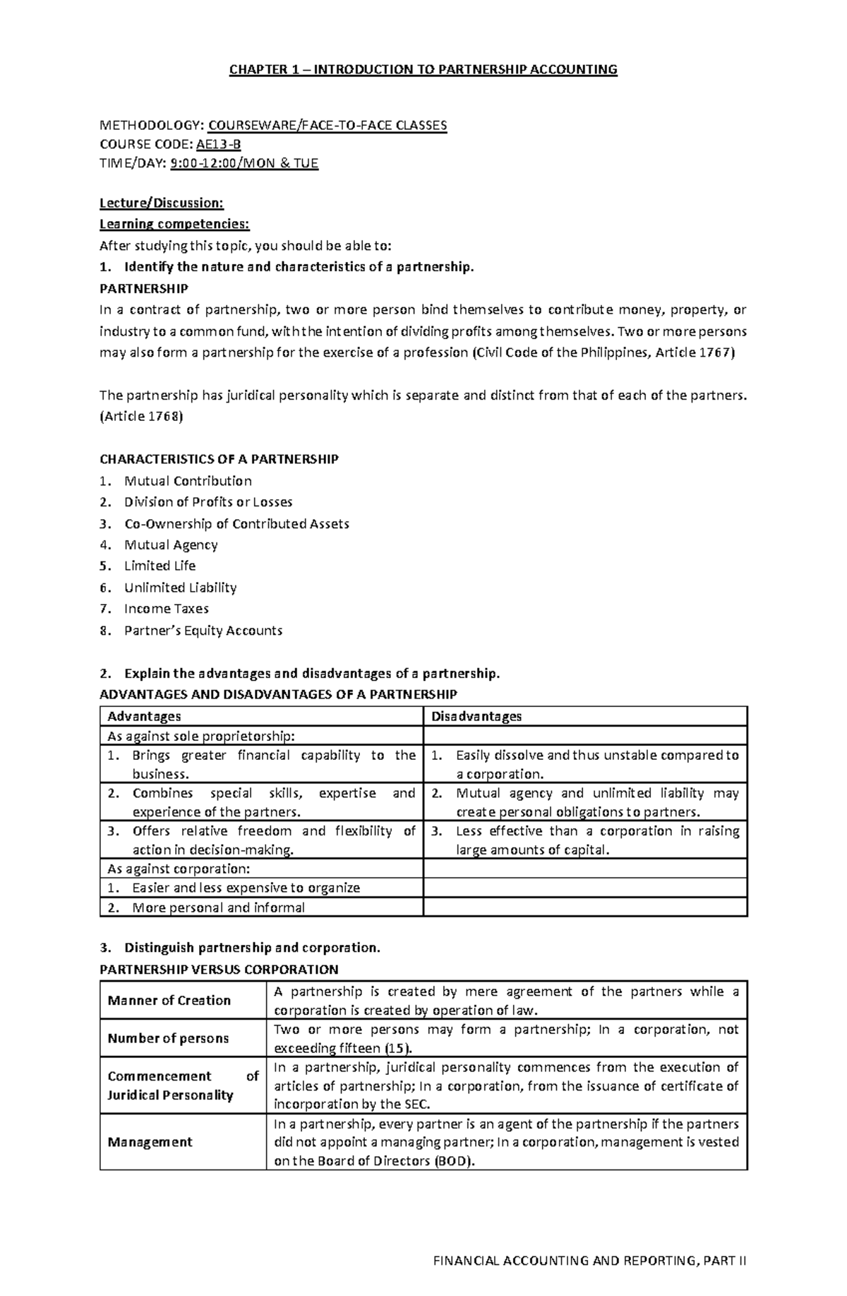 AE1 3 - B: Lecture Notes on Partnership Formation & Characteristics ...