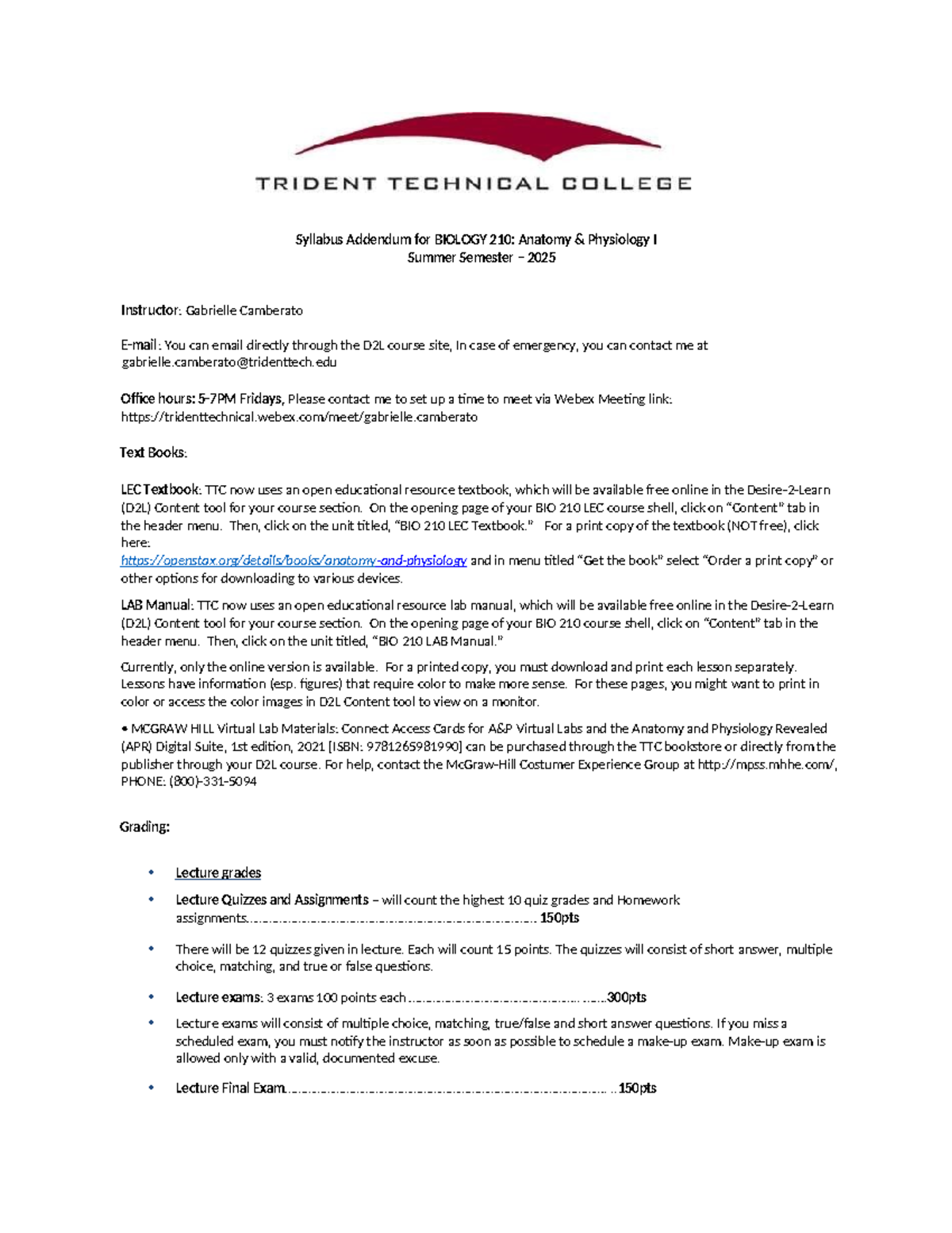 Syllabus Addendum for BIO 210: Anatomy & Physiology I - Summer 2025 ...