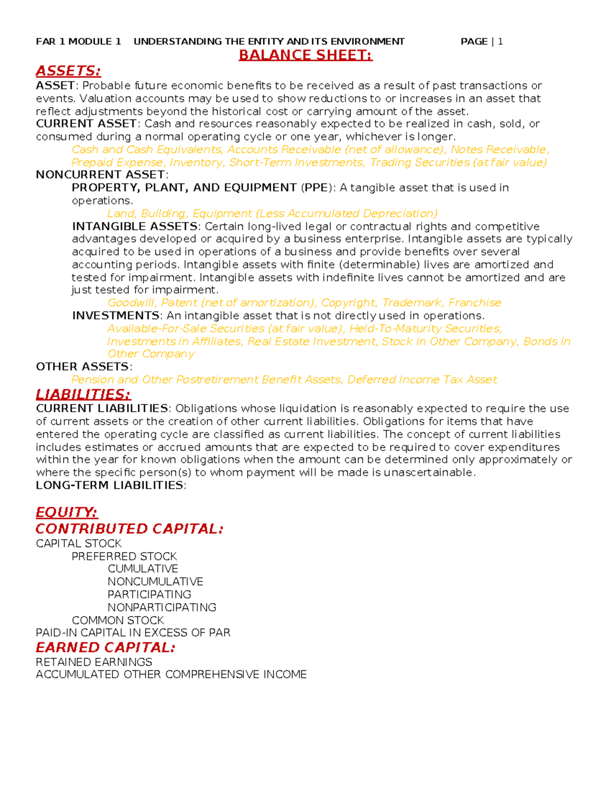 FAR 1 MODULE 1: Balance Sheet Lecture Notes on Assets and Liabilities ...