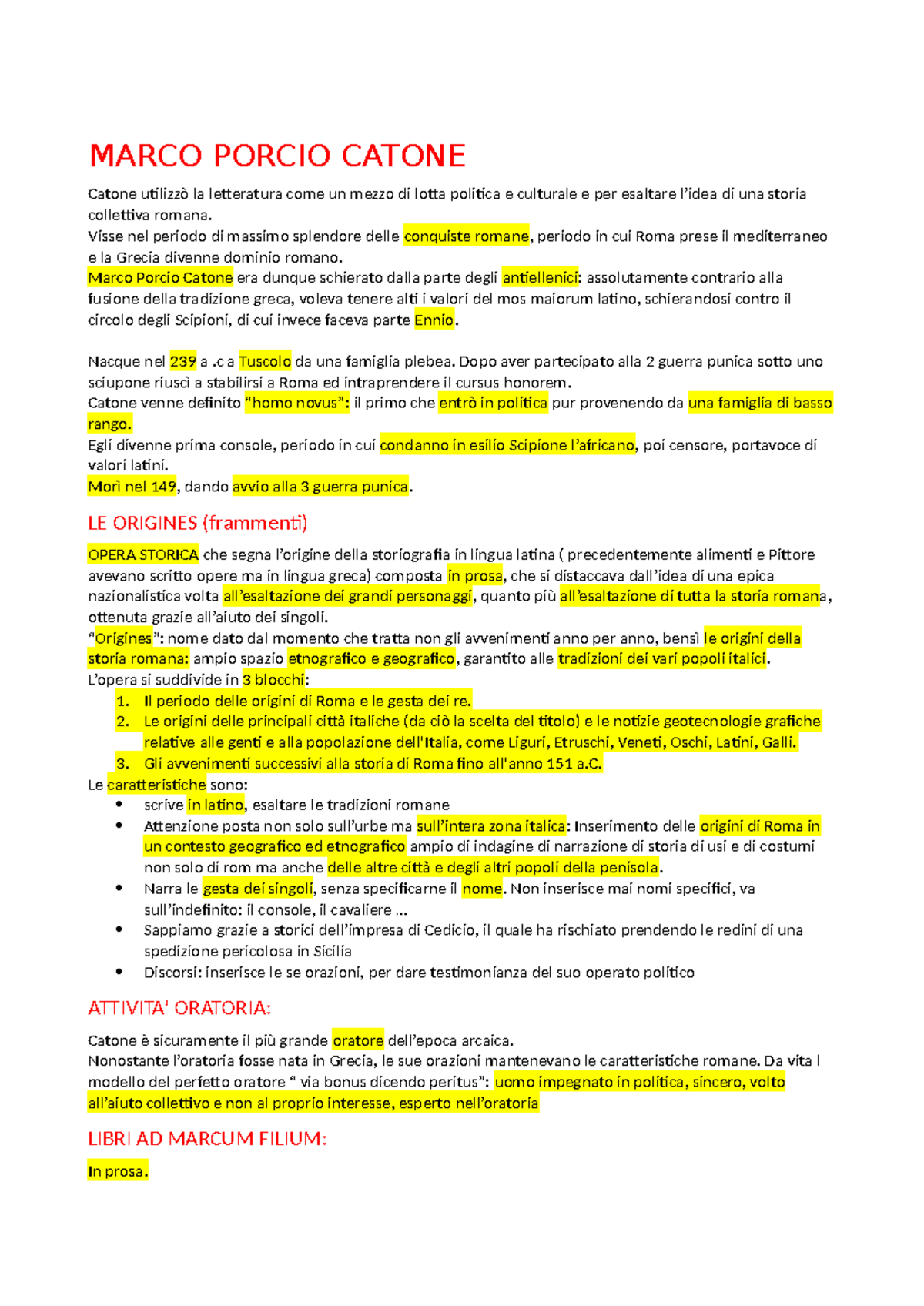 Riassunto su Marco Porcio Catone: Autore e Storia Letteratura Latina ...