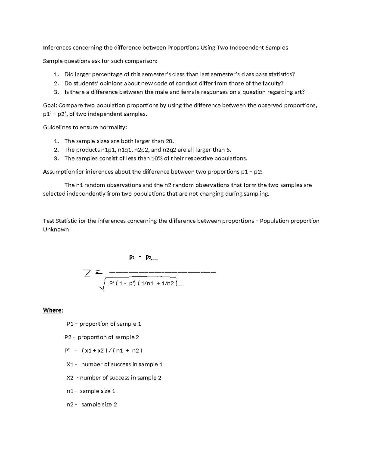 Two Sample Proportions Z Test: Inferences on Differences - Studocu