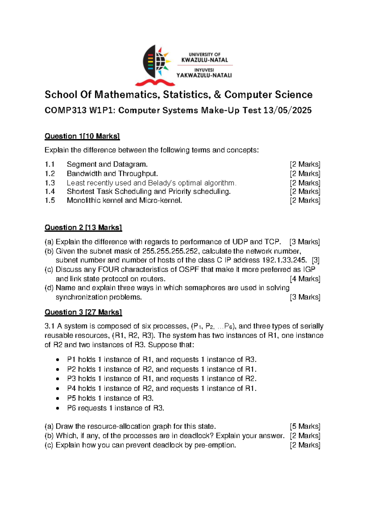 COMP313 W1P1: Computer Systems Make-Up Test Questions and Concepts ...