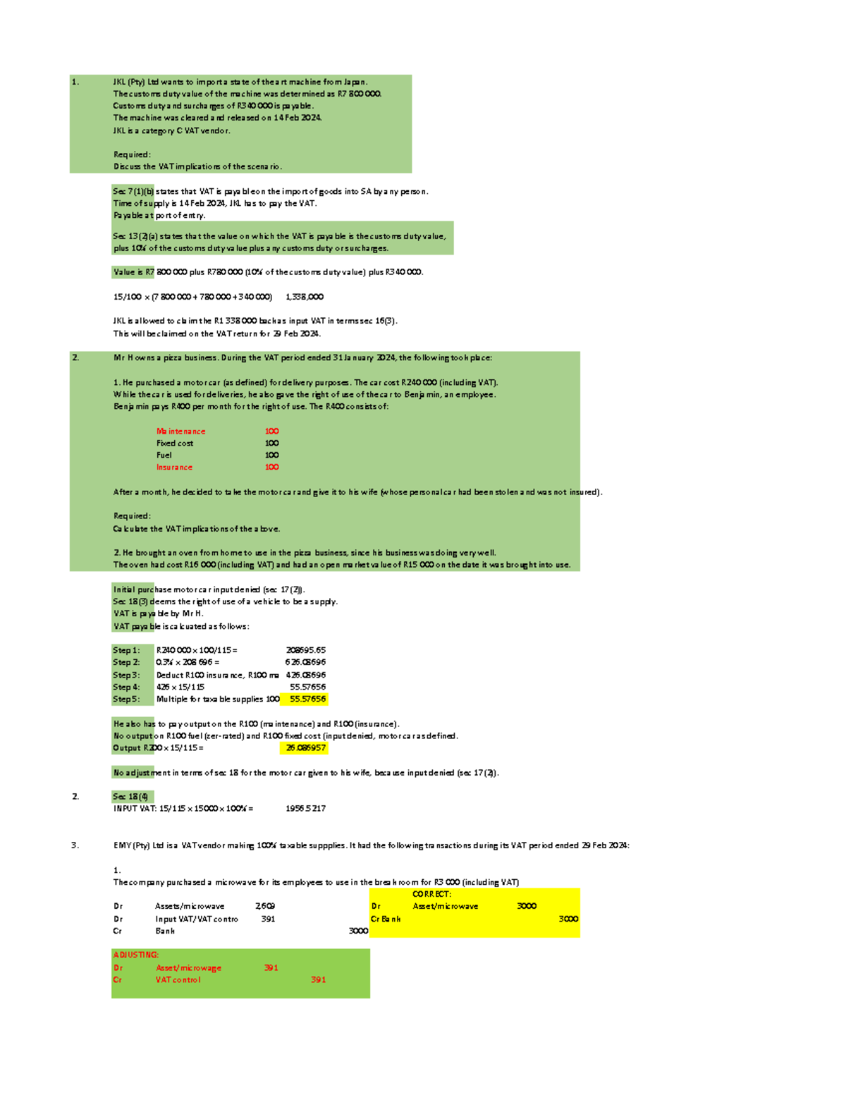 Practical Class Examples: VAT Implications for Motor Vehicles (Course ...