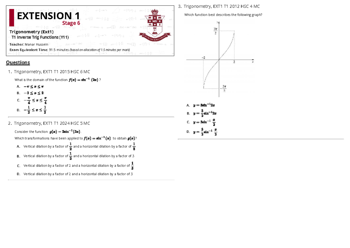 Inverse Trigonometry Practice Questions - EXT1 T1 HSC - Studocu