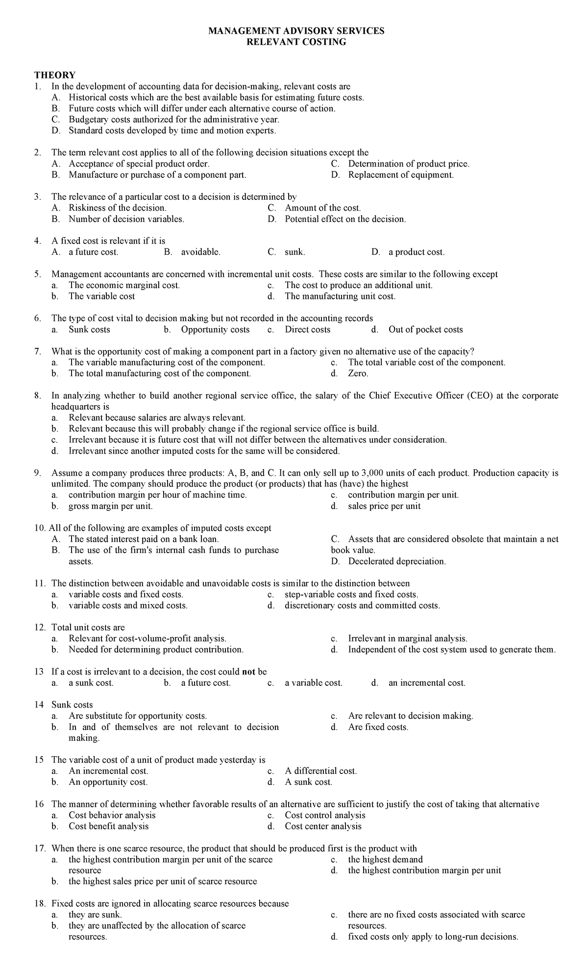 MANAGEMENT ADVISORY SERVICES: RELEVANT COSTING THEORY NOTES - Studocu