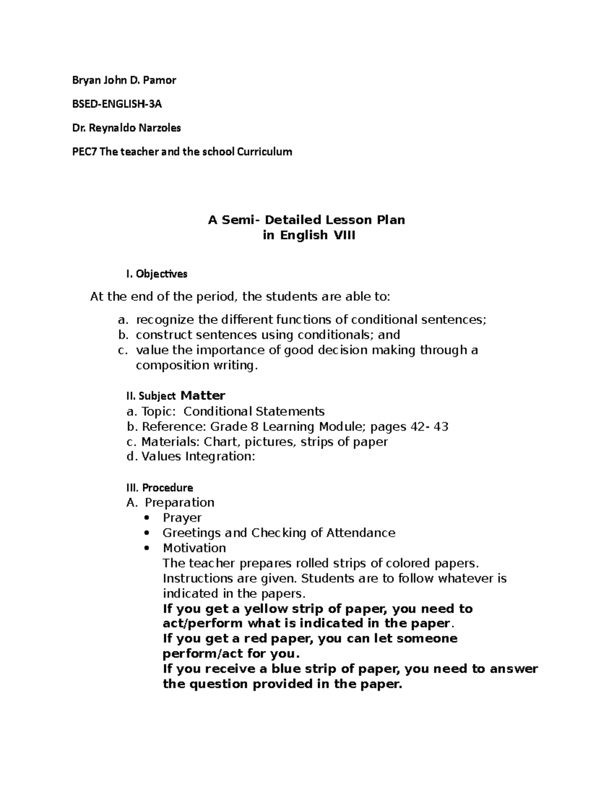 ENGLISH 8 - Semi-Detailed Lesson Plan on Conditional Sentences - Studocu
