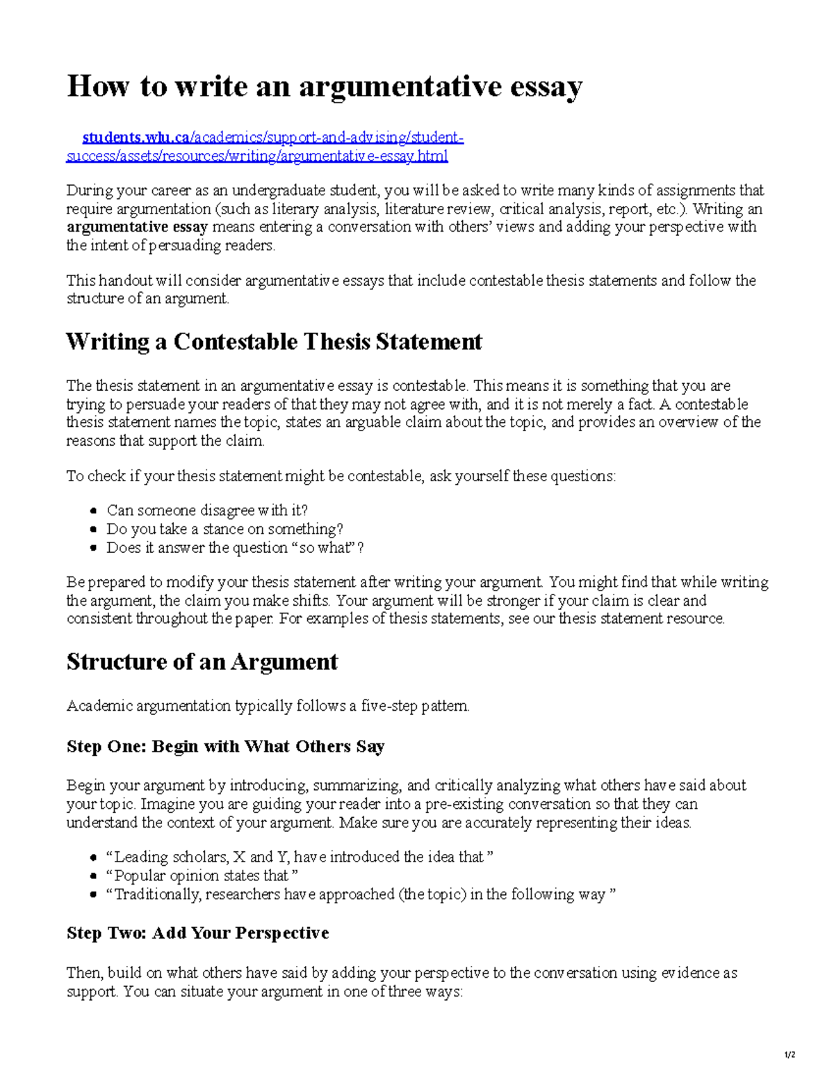 ENG 101: Guide to Writing an Argumentative Essay - Studocu