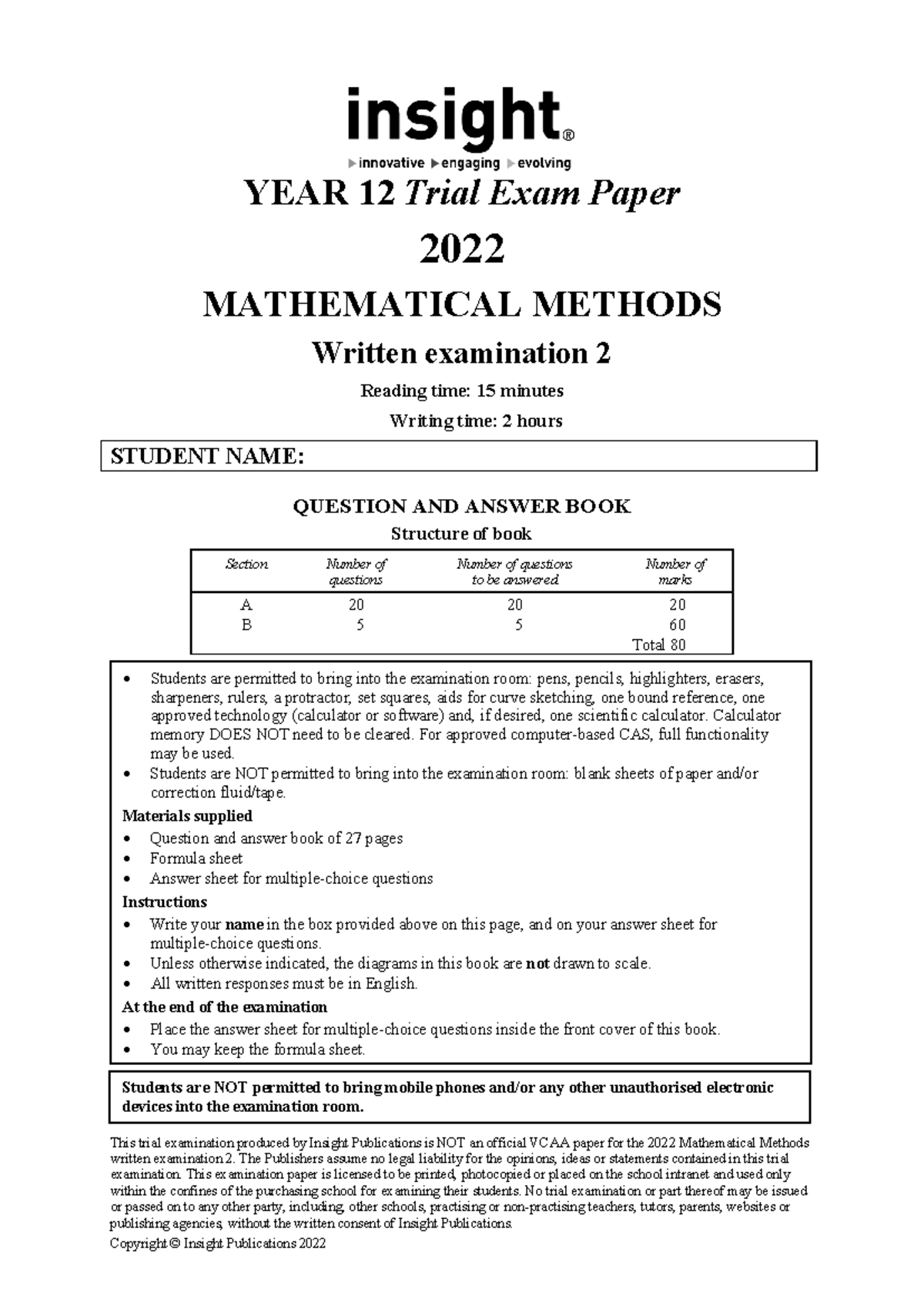 YEAR 12 Trial Exam 2022: Mathematical Methods Written Exam 2 - Studocu