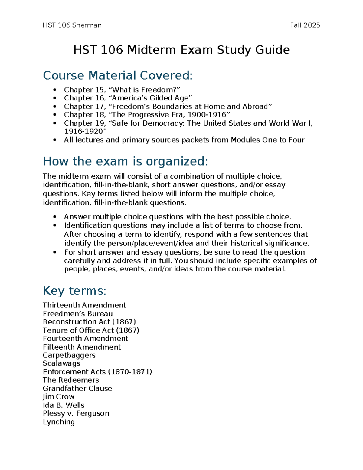 HST 106 Sherman Fall 2025 Midterm Exam Study Guide: Key Concepts - Studocu