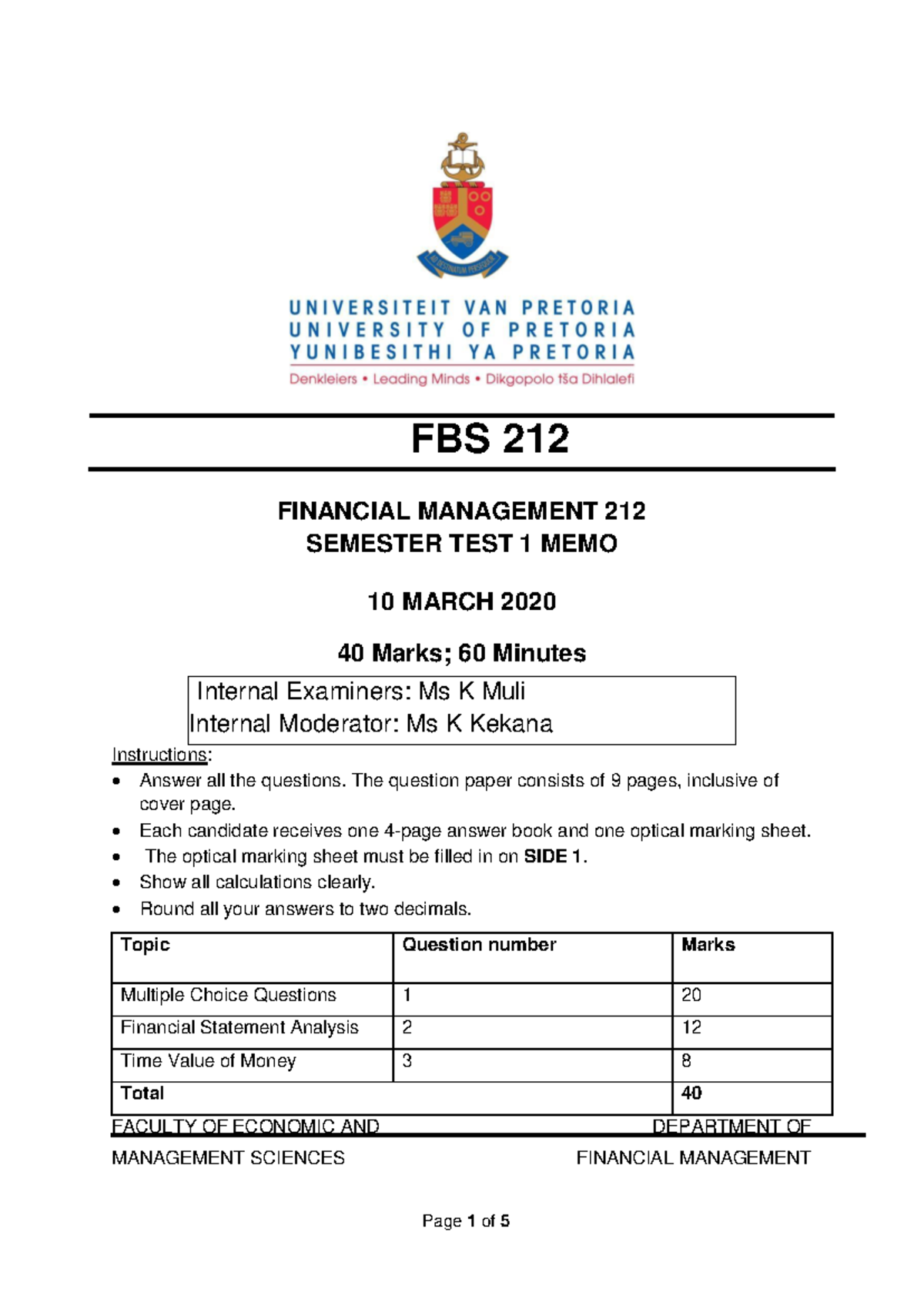 FBS 212 Semester TEST 1 2020 MEMO Final - Internal Examiners: Ms K Muli ...