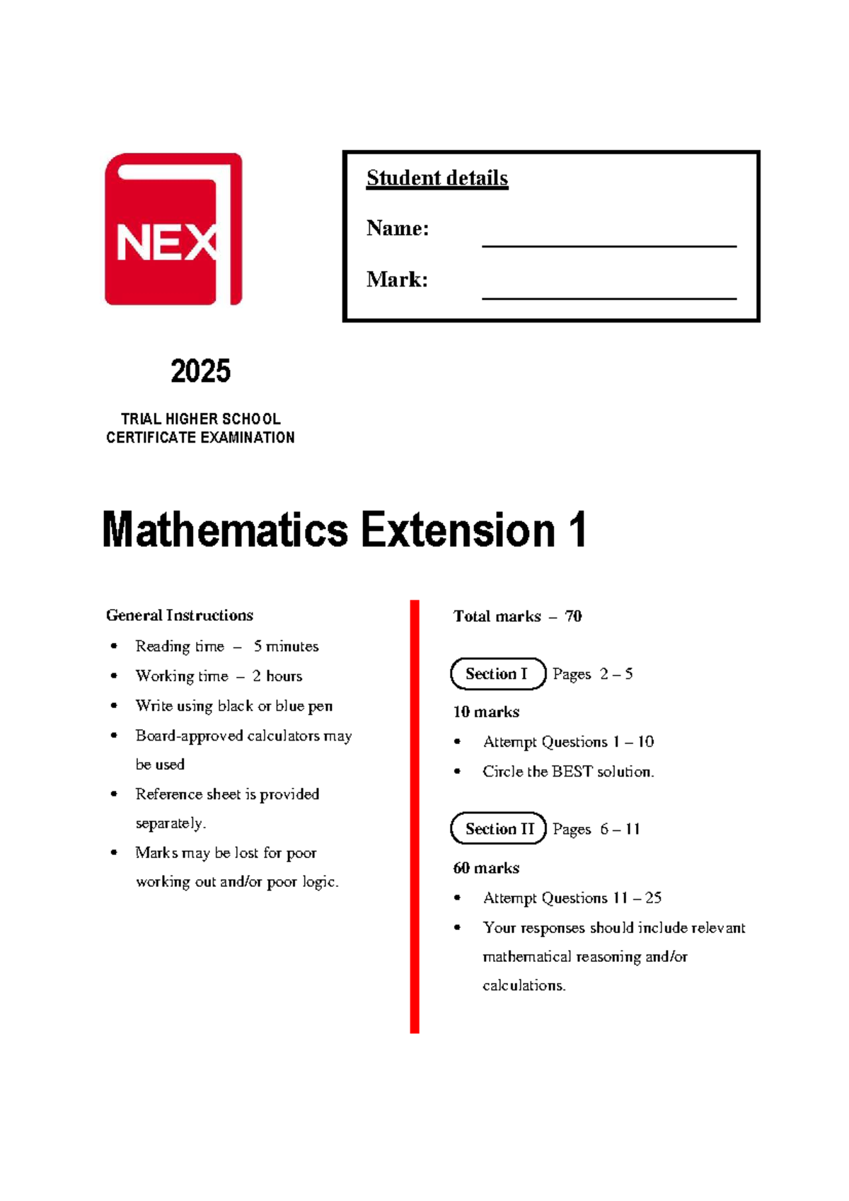 Next - 2025 Year 12 Mathematics Extension 1 Trial Exam Paper - Studocu