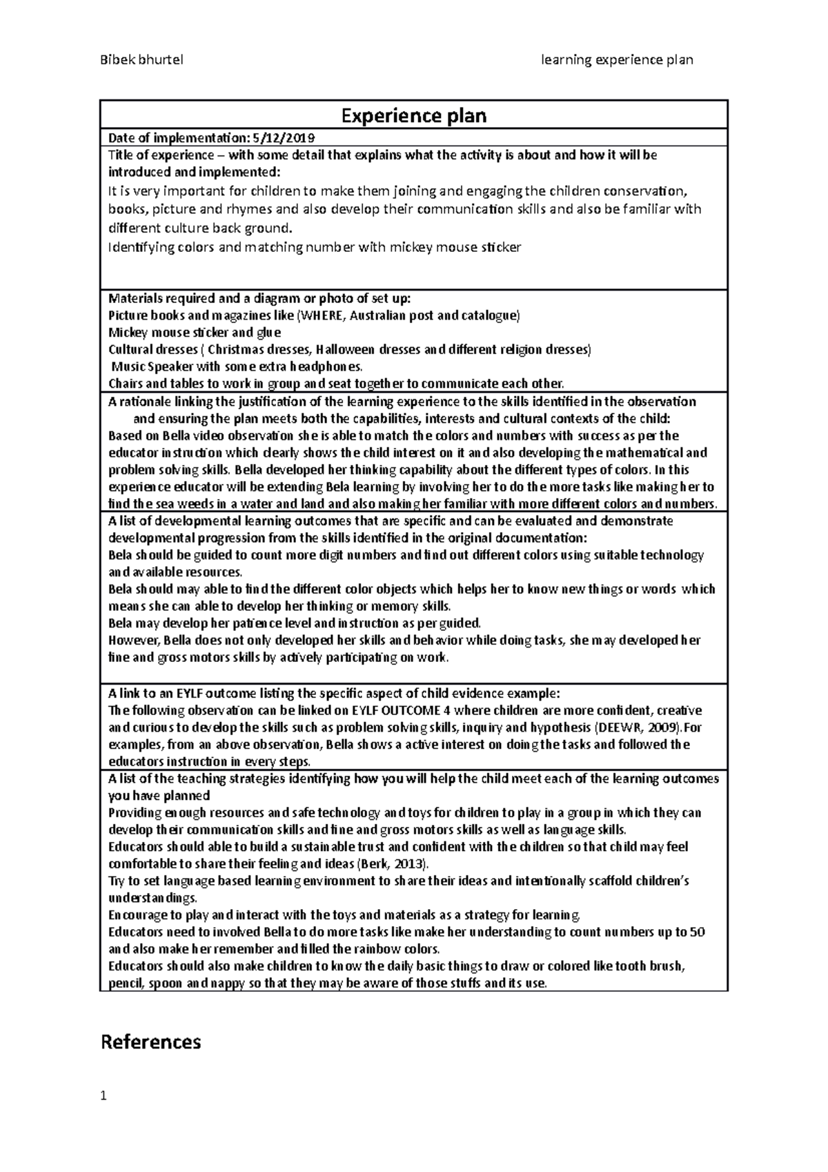 Learning Experience Plan: Engaging Children in Skills Development - Studocu