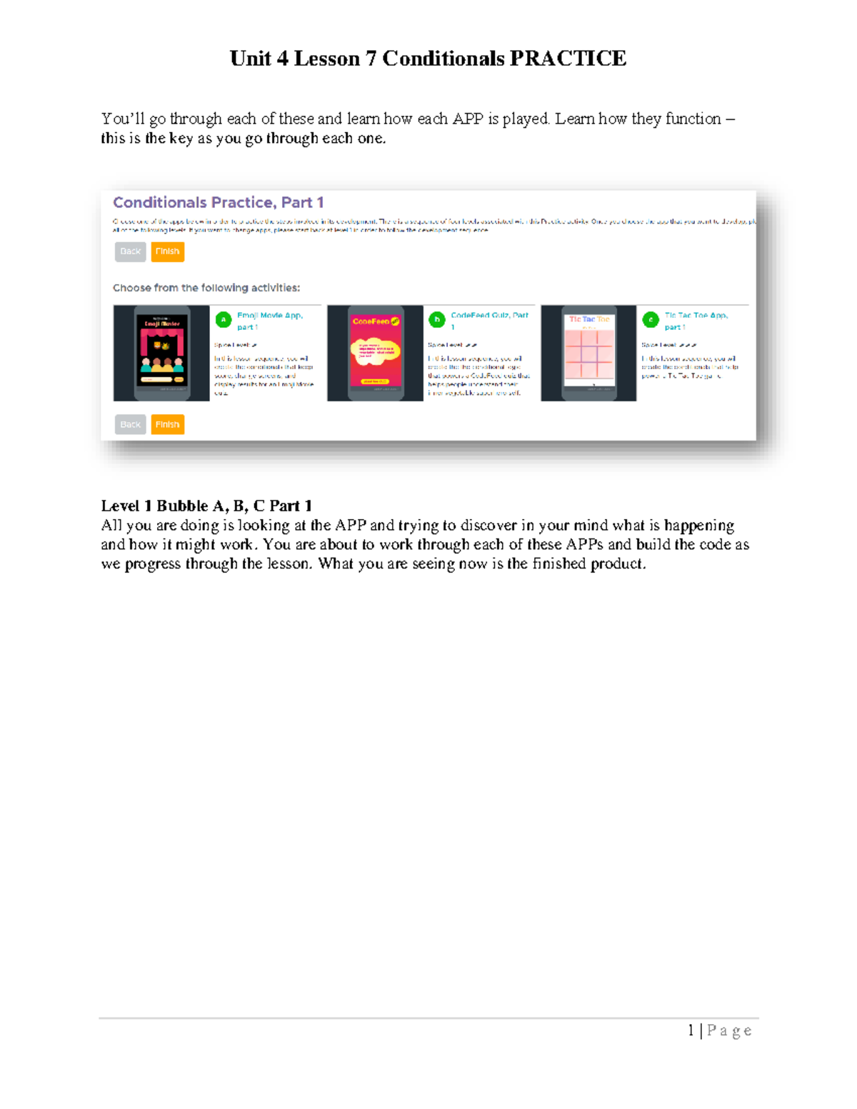 Unit 4 Lesson 7: Conditionals Practice Guide and APP Coding Steps - Studocu