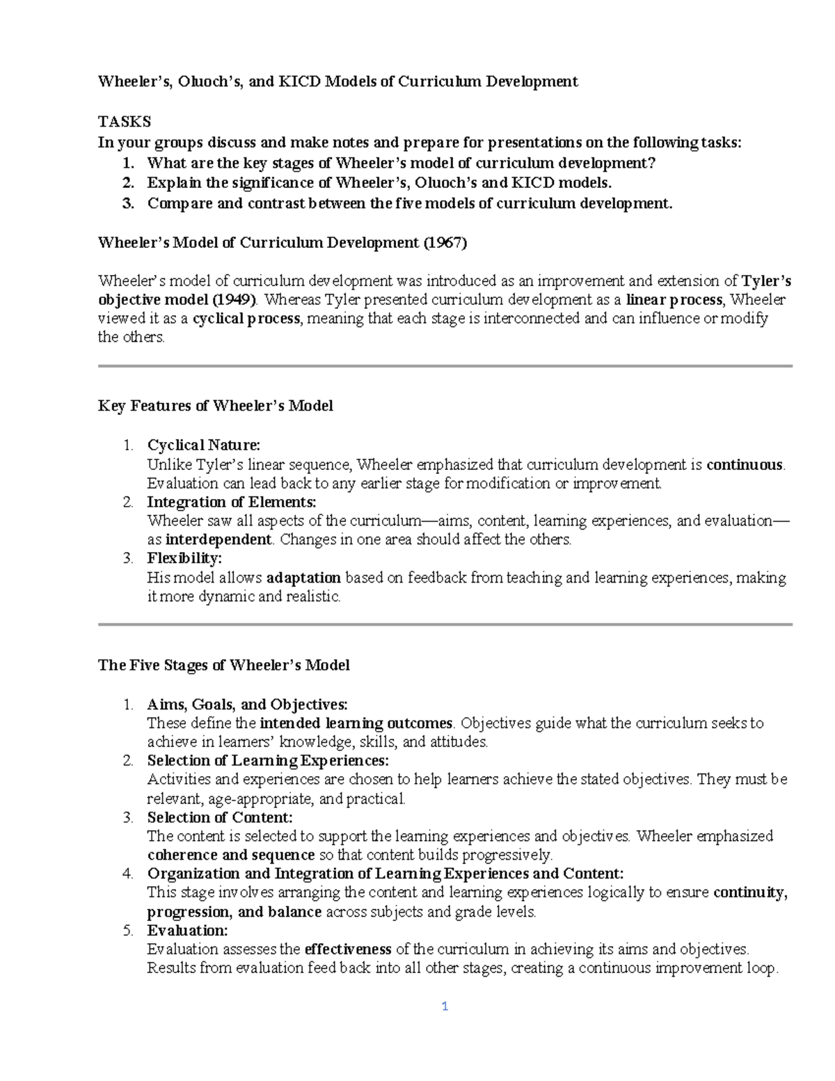 Wheeler, Oluoch & KICD Models of Curriculum Development Analysis - Studocu