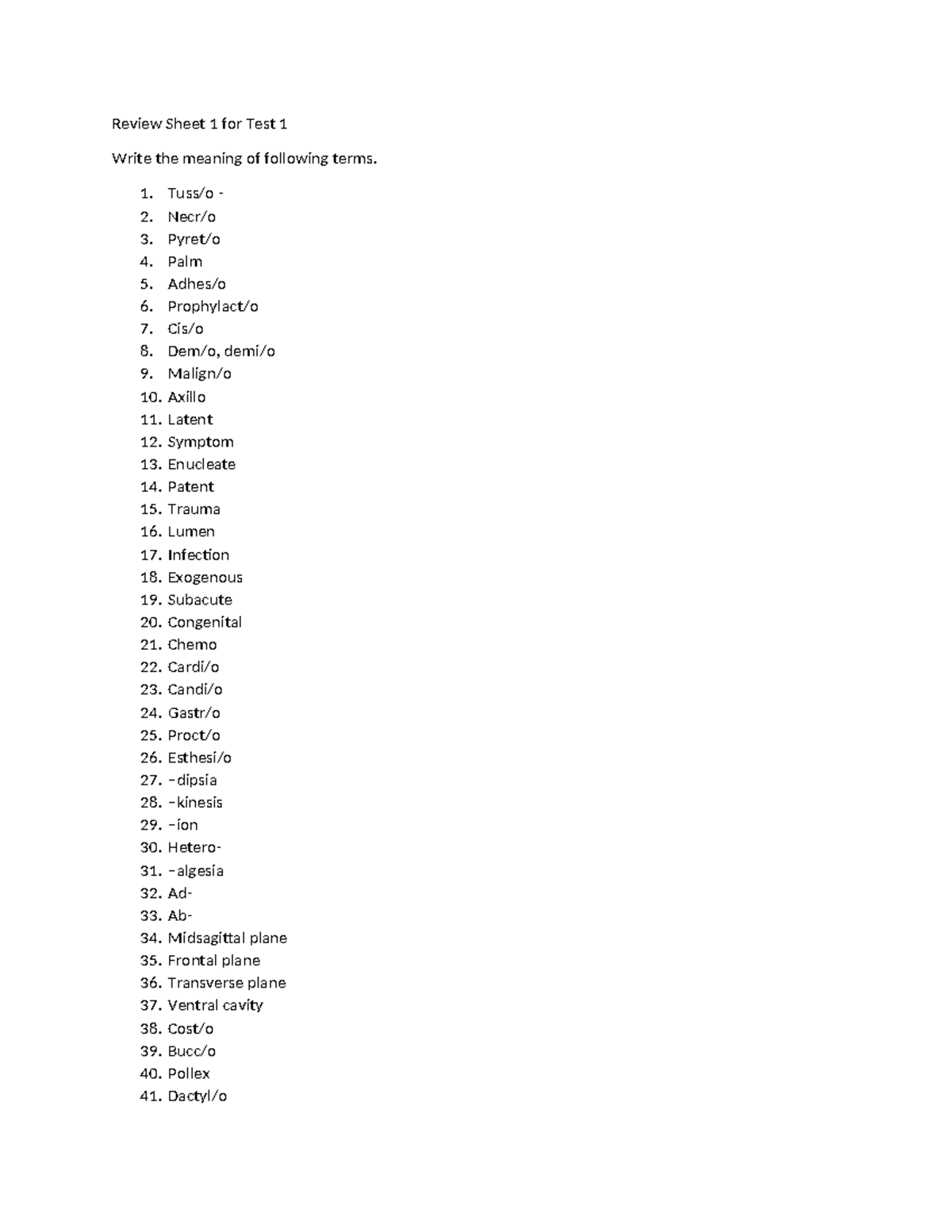 Review Sheet 1 for Test 1: Key Terms and Definitions - Studocu