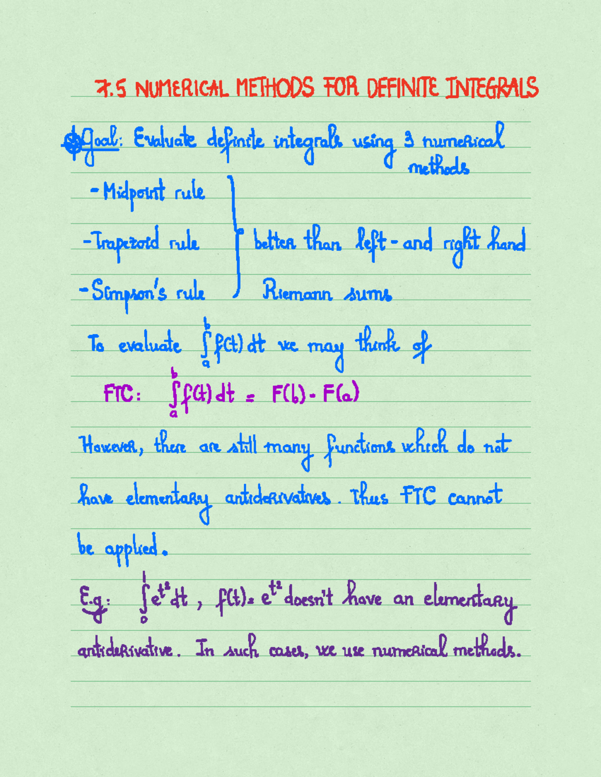Section 7 - notes - 7 5 NUMERICAL METHODS FOR DEFINITE INTEGRALS Goal ...
