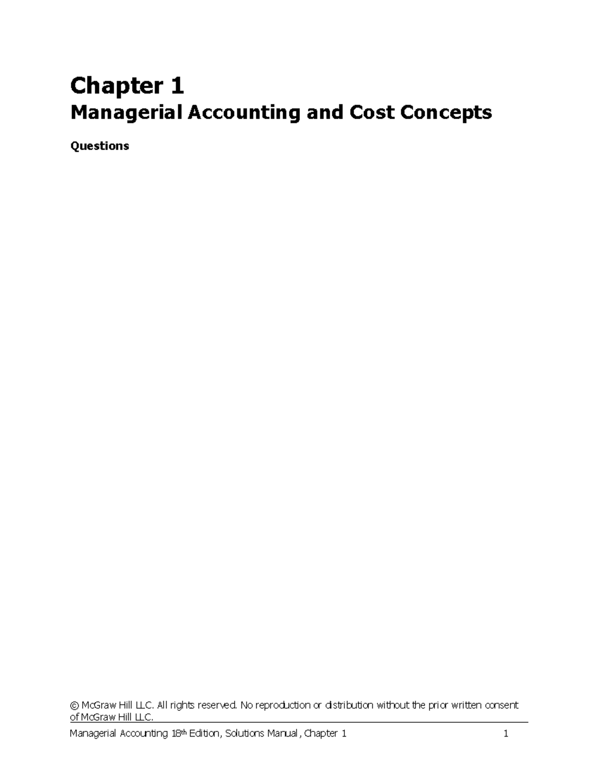 Managerial Accounting 18th Edition: Solutions Manual for Chapter 1 ...