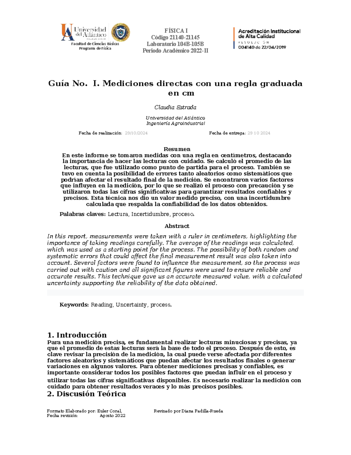Guía No. I: Mediciones Directas con Regla Graduada en cm - FÍSICA I ...