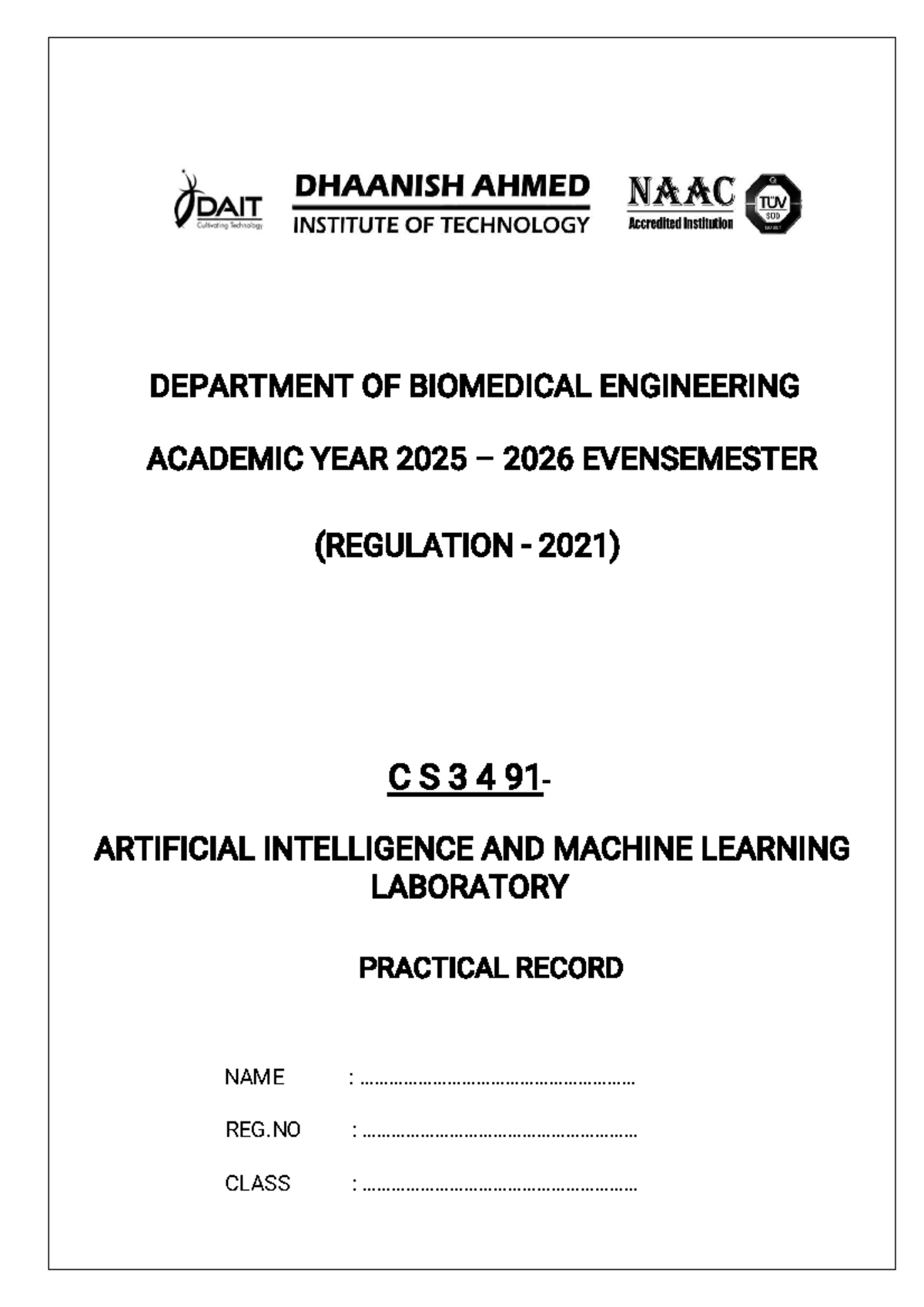 CS3491 Artificial Intelligence and Machine Learning Lab Practical ...