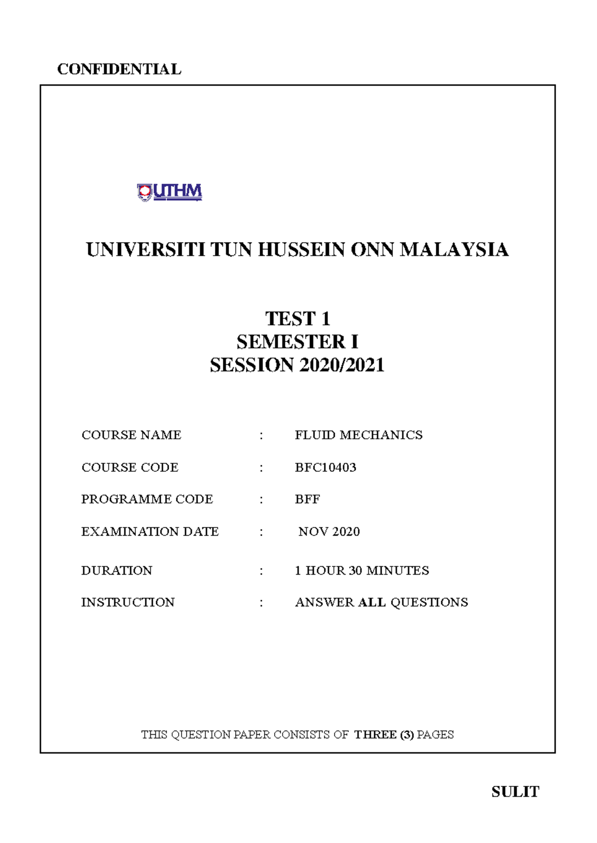 Fluid Mechanics Test 1 Questions - BFC, Semester 1, Nov 2020 - Studocu
