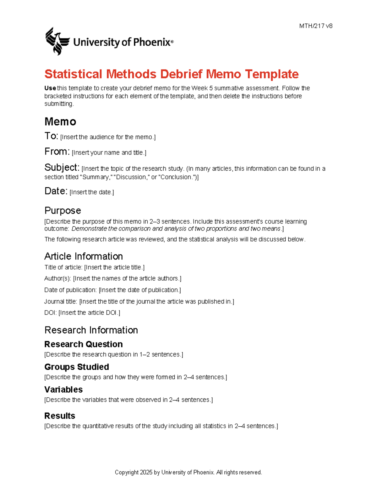 MTH217 v8 Week 5 Statistical Methods Debrief Memo Template - Studocu