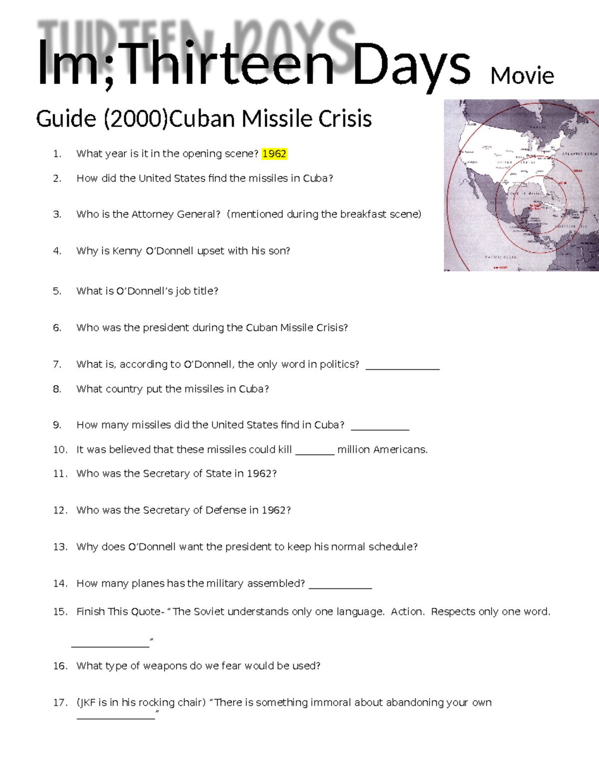 Thirteen Days Movie Study Guide Key Questions on Cuban Missile