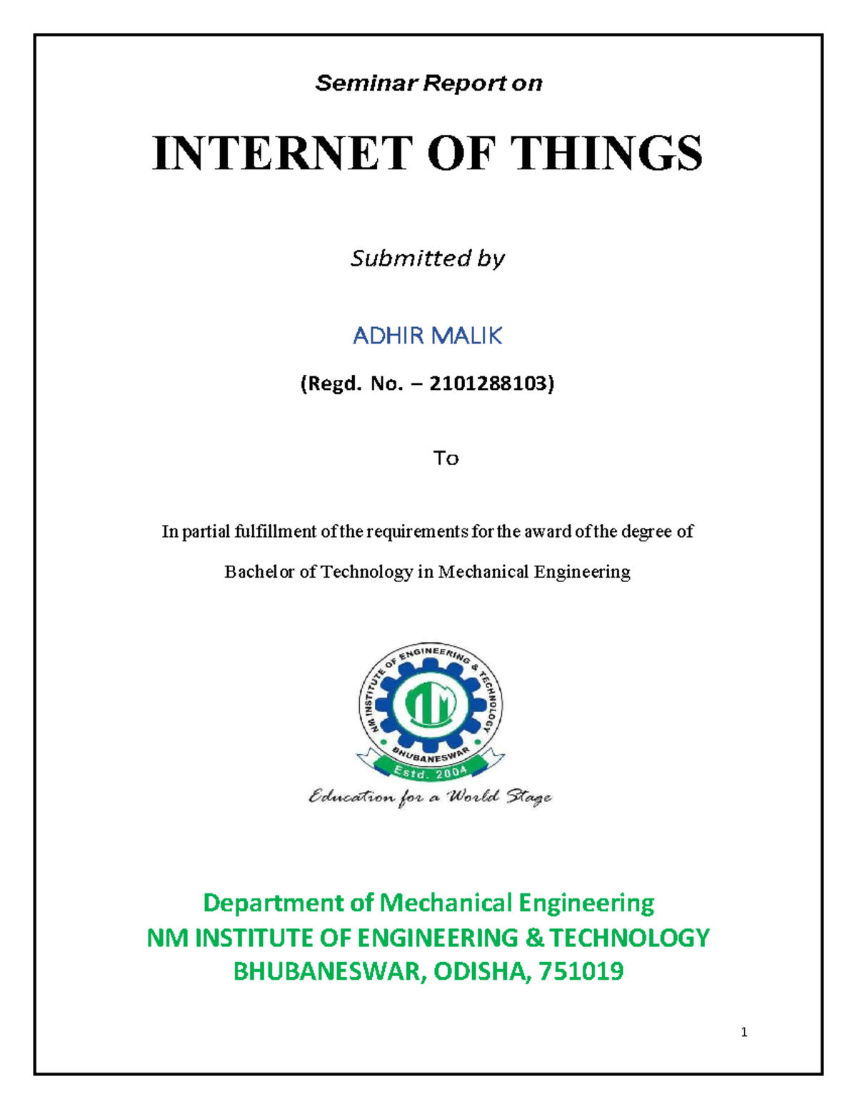 IOT Seminar - kkk - Seminar Report on INTERNET OF THINGS Submitted by ...