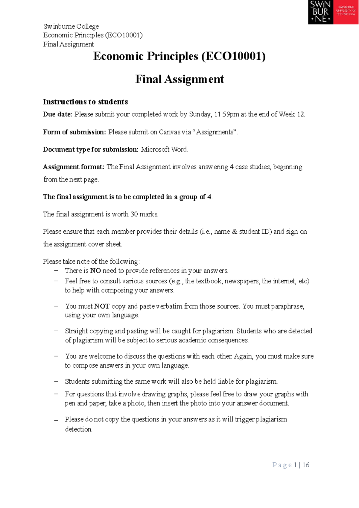 Swinburne College ECON 200 Economic Principles Final Assignment Guide ...
