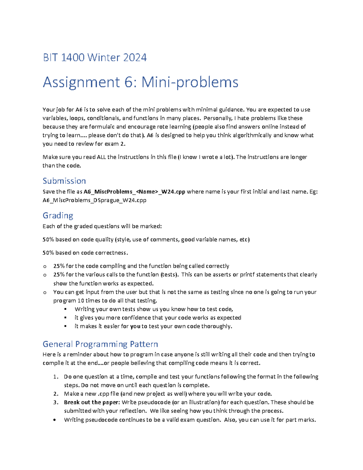 A6 Mini Problems 2 BIT1400 W24 - BIT 1400 Winter 2024 Assignment 6 ...
