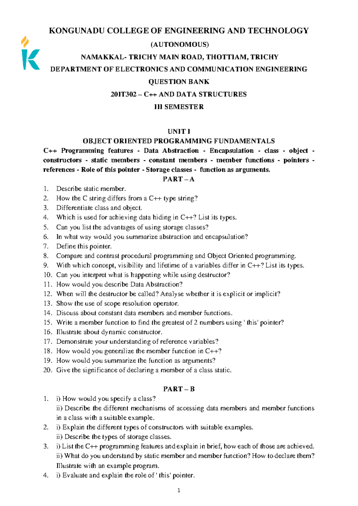 20IT302 C++ and Data Structures Question Bank - Comprehensive Guide ...