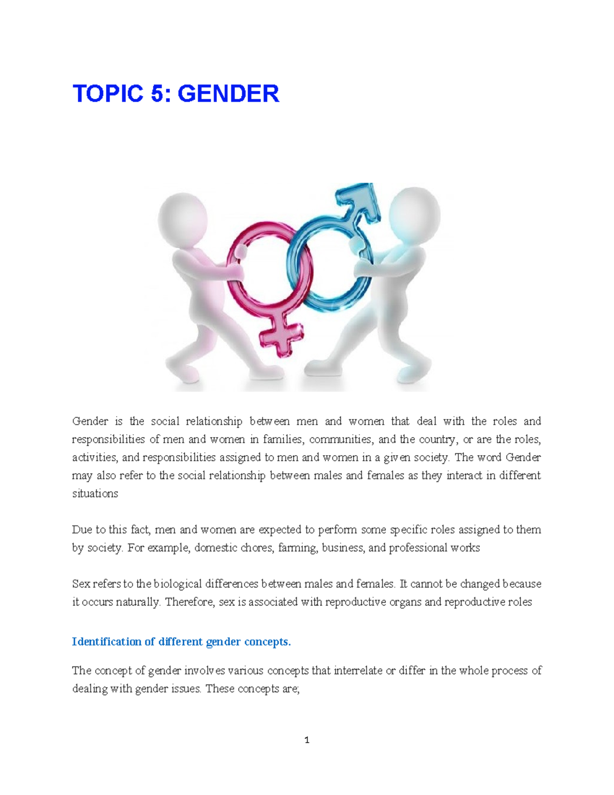 Topic 5 - USEFUL - TOPIC 5: GENDER Gender is the social relationship ...