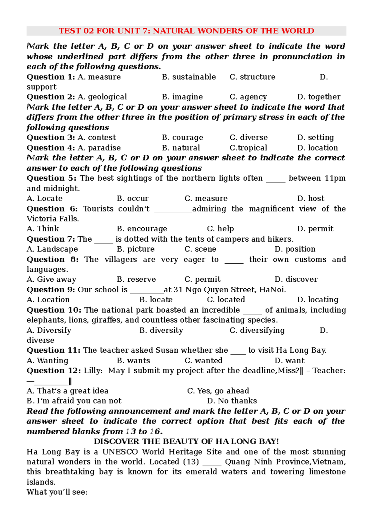 TEST 02 FOR UNIT 7: NATURAL WONDERS & LANGUAGE USAGE - Studocu