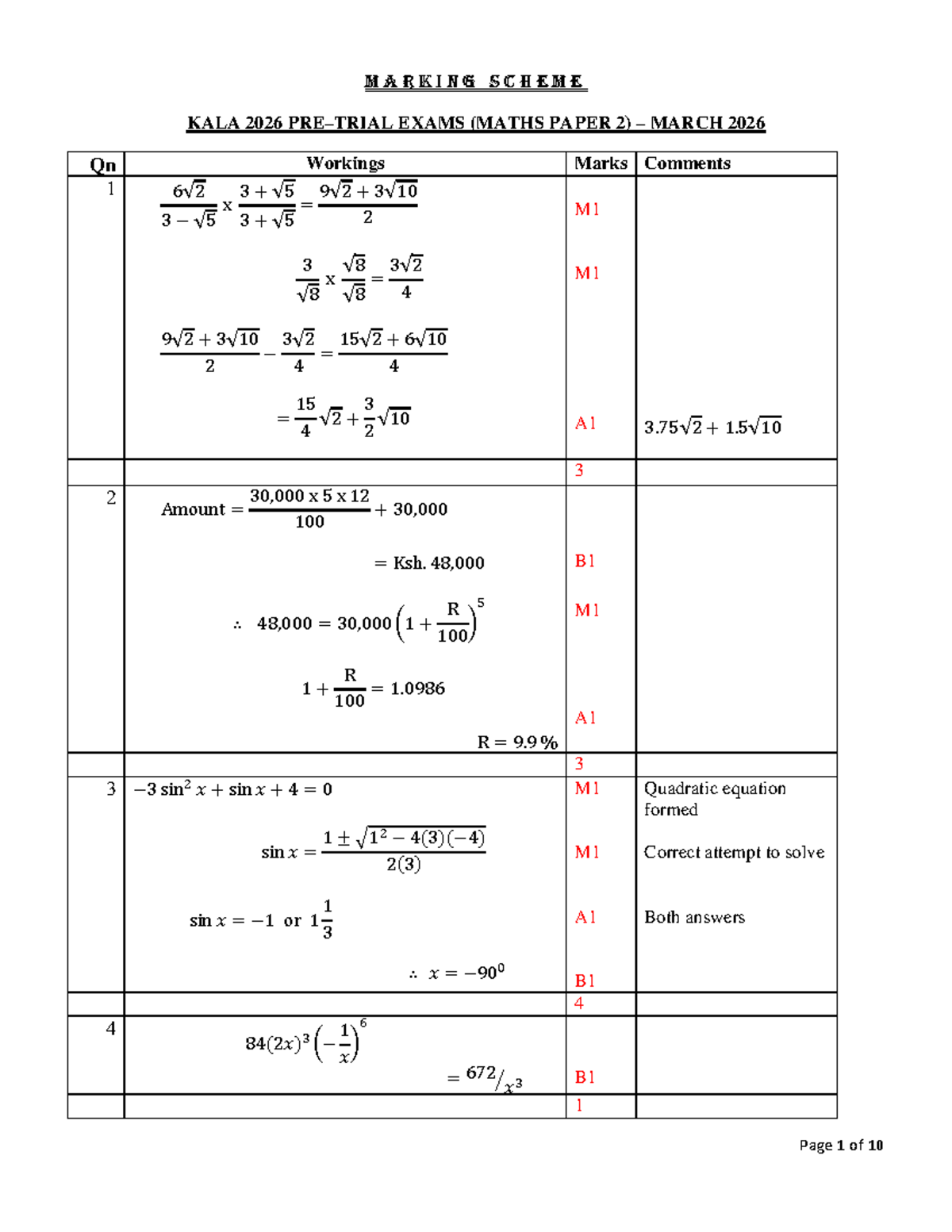 Marking Scheme KALA 2026 Pre-Trials (Maths Paper 2) - Studocu