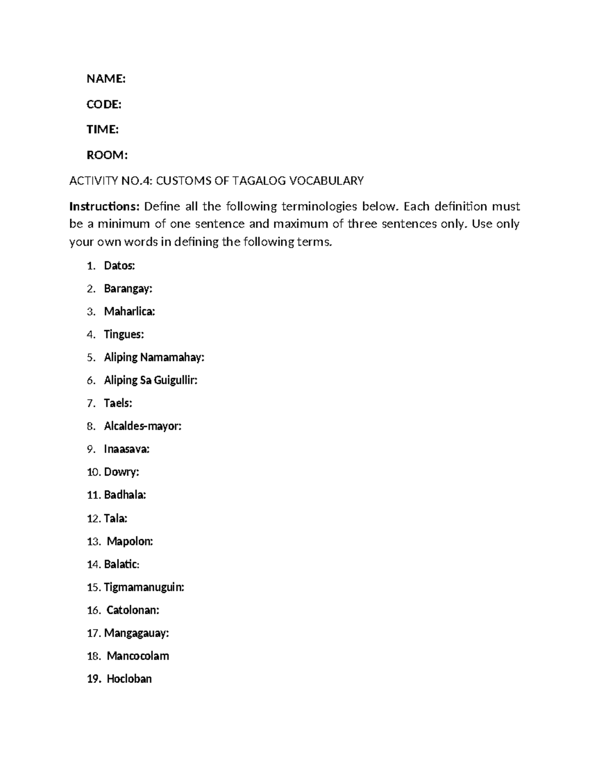 Activity NO4- Customs OF Tagalog Vocabulary - NAME: CODE: TIME: ROOM ...