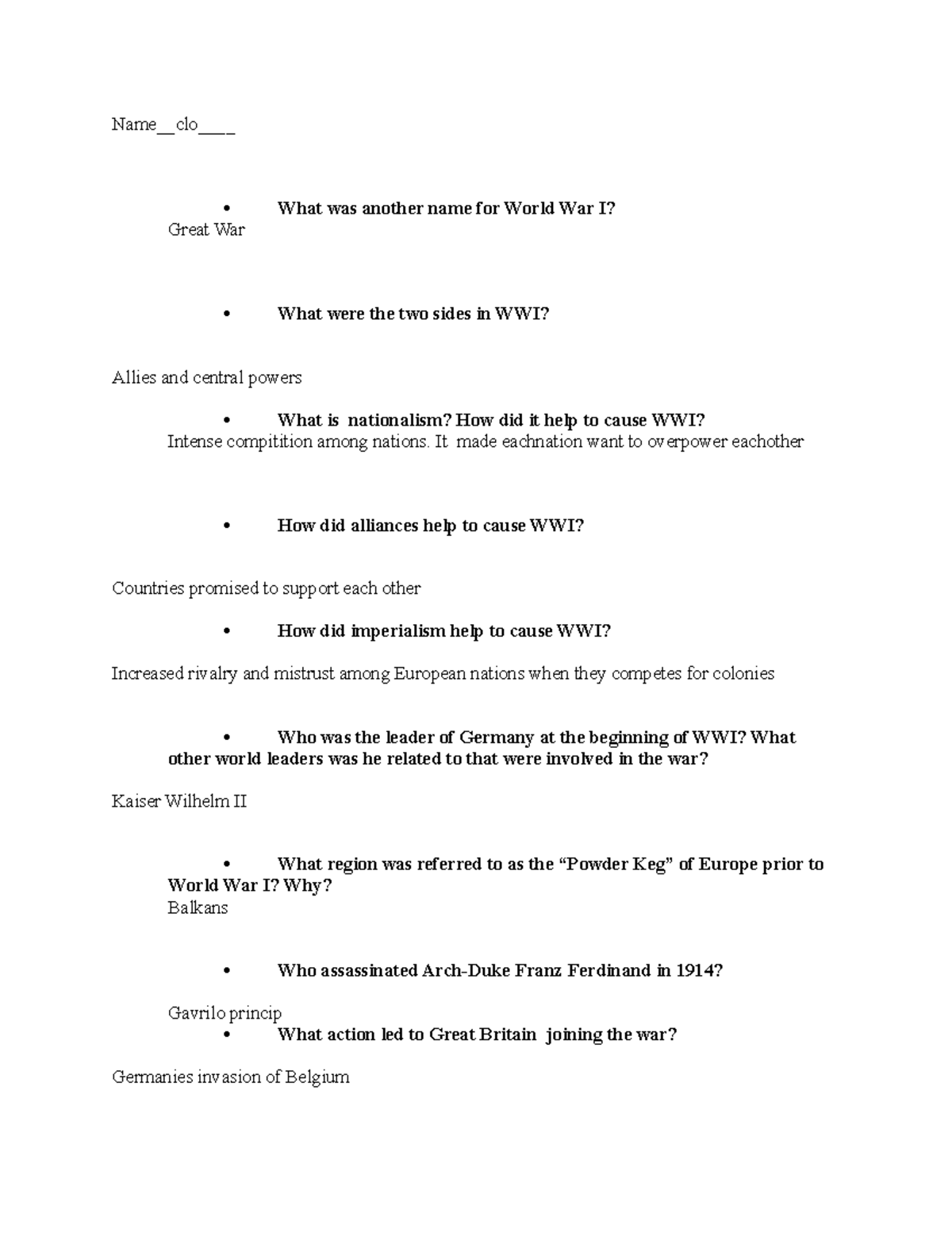 WWI Study Guide: Key Causes, Events, and Outcomes - Studocu