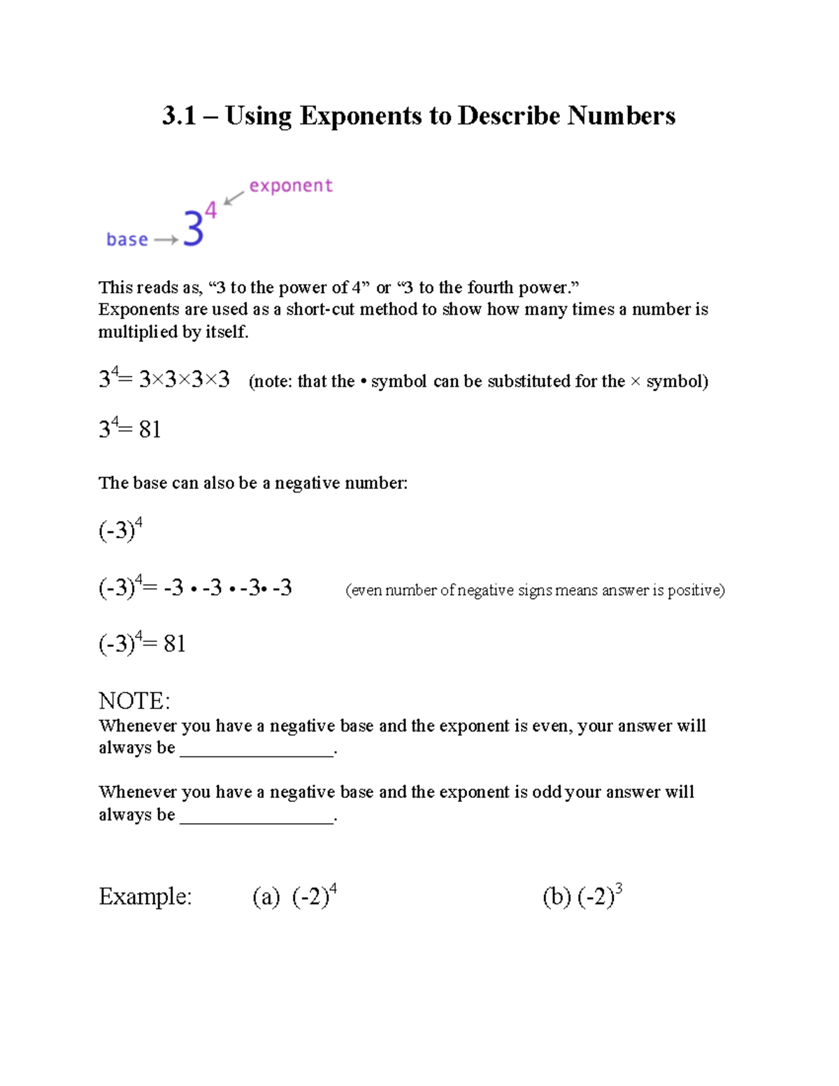 Powers, exponenrs, Pedmas - 3 .1 – Using Exponents to Describe Numbers ...