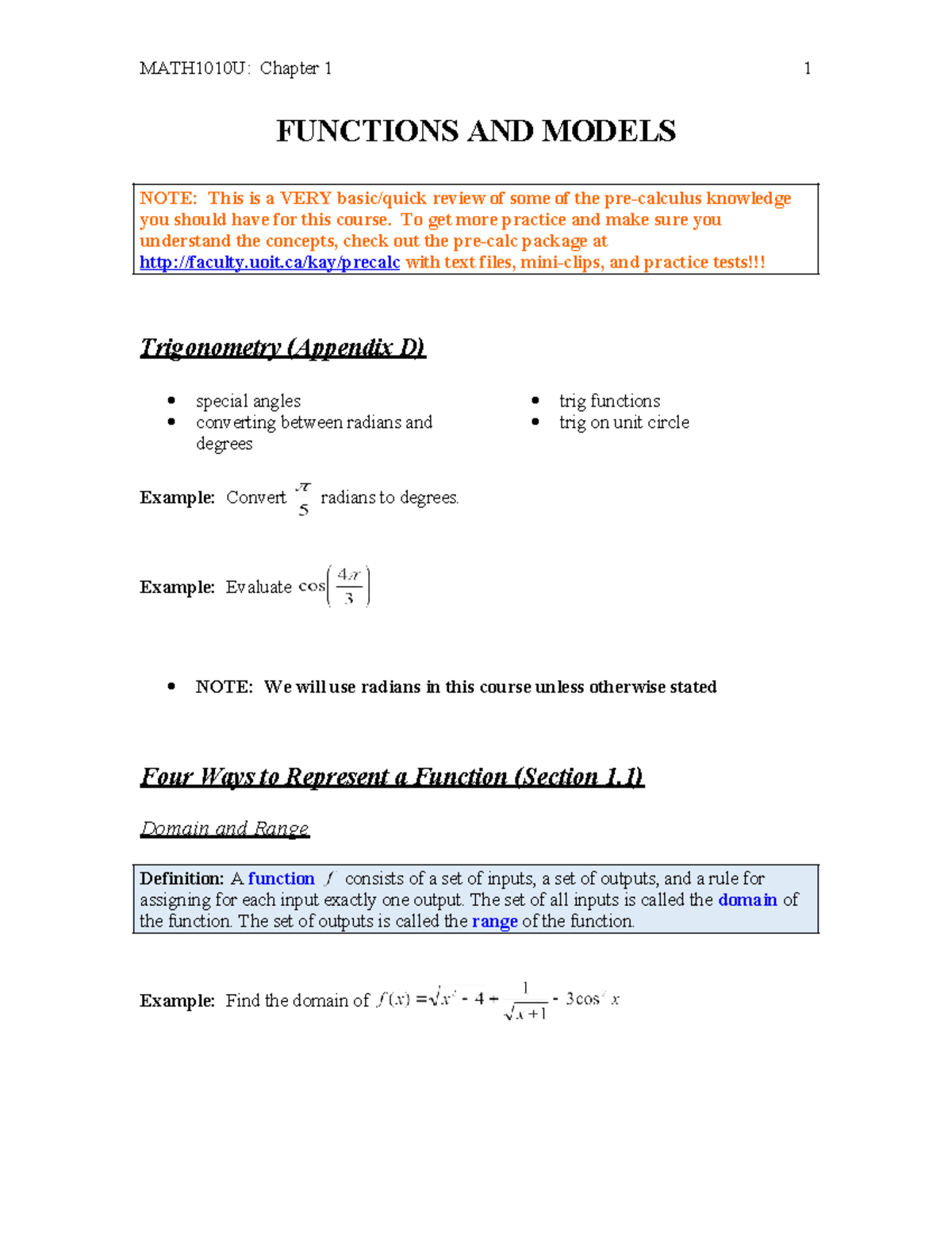 MATH1010U: Chapter 1 Functions and Models Review Notes - Studocu