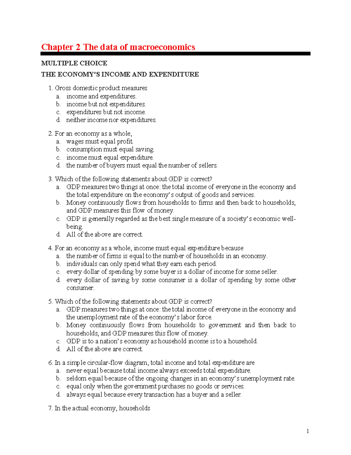 Chapter 2: The Data of Macroeconomics - Income and Expenditure MCQs ...