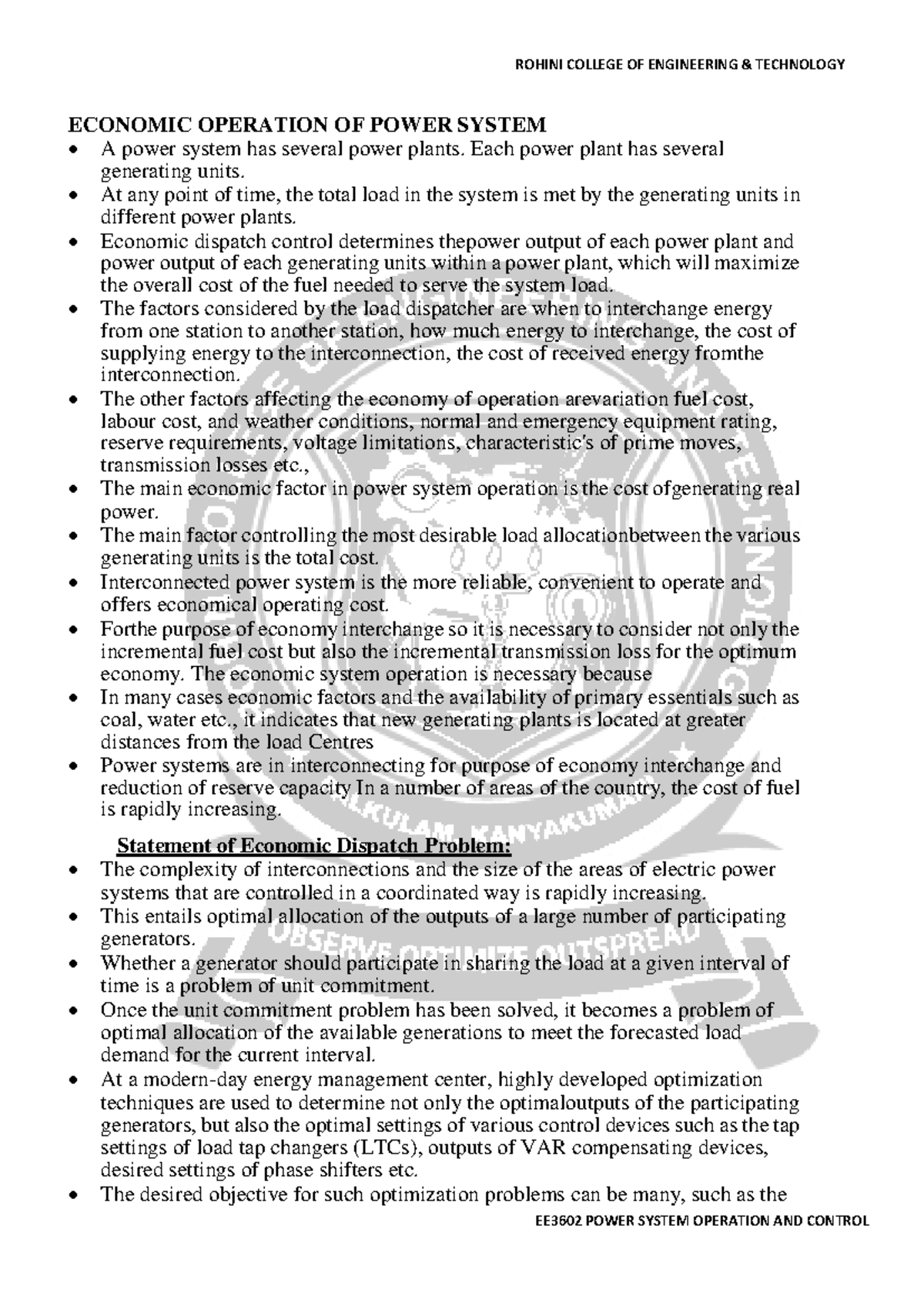 EE3602 Economic Operation of Power Systems - Unit 4 Notes - Studocu