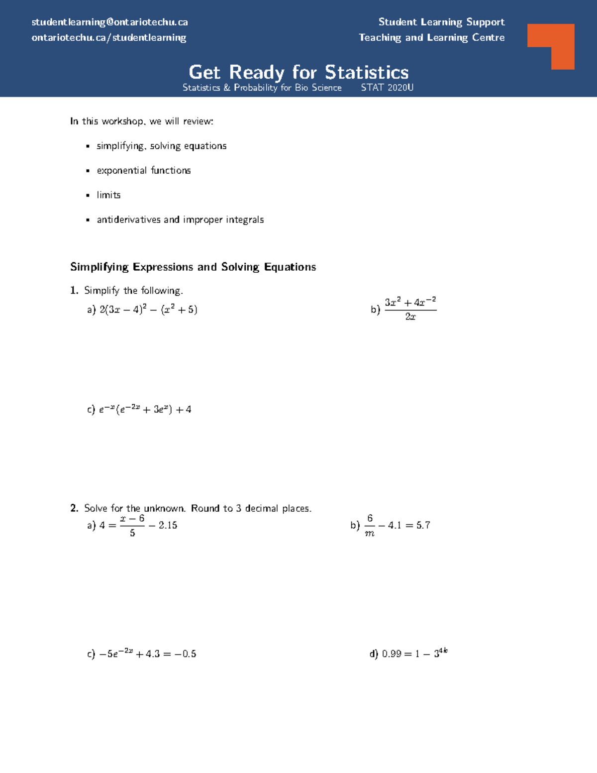 Get Ready for Statistics: STAT 2020U Workshop Notes - Studocu