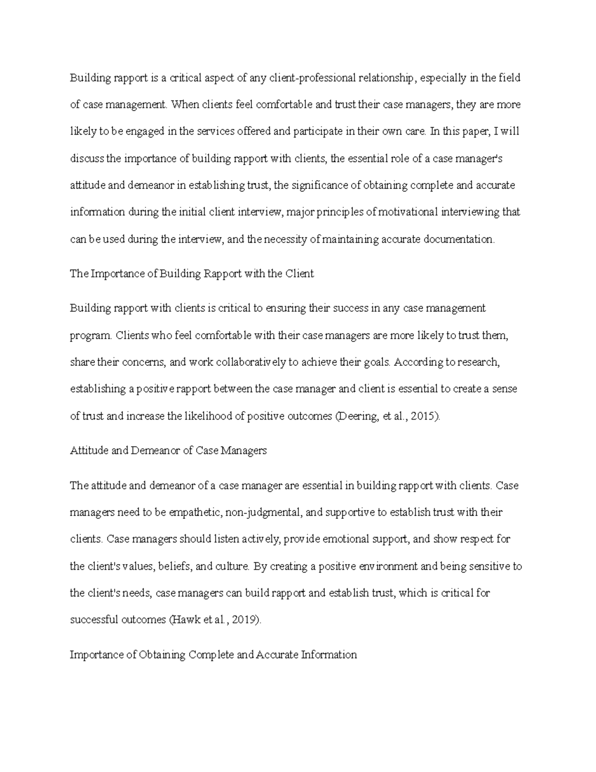 Topic 2 Essay - Building rapport is a critical aspect of any client ...