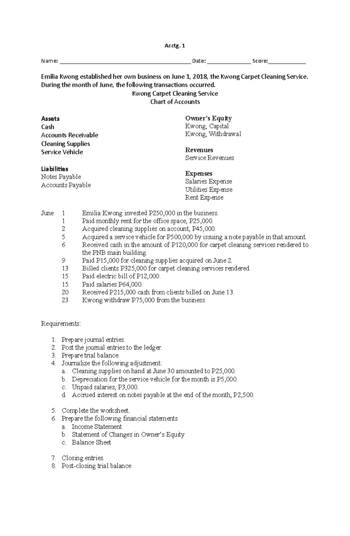 Acctg - Questions about fundamentals of accounting. - Acctg. 1 Name ...