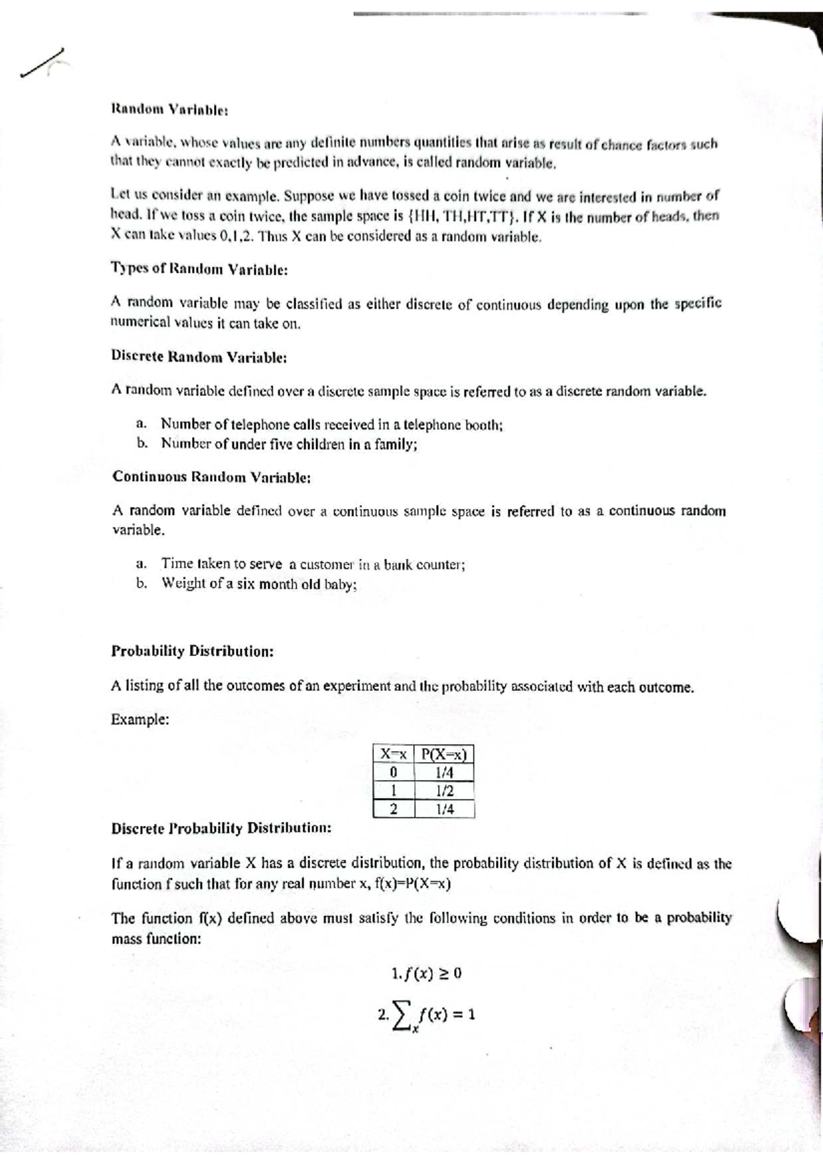 Random Variable & Probability Distribution Notes (STAT 101) - Studocu