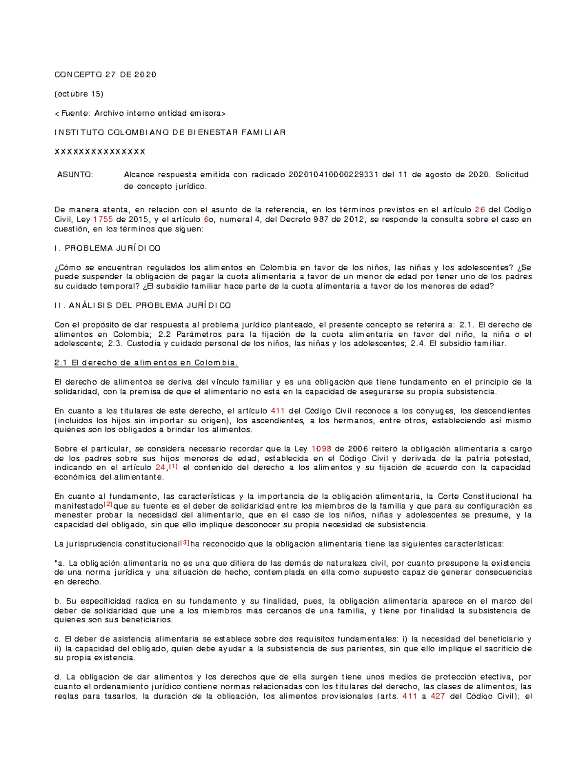 Concepto ICBF sobre Alimentos 0000027/2020 - Análisis Legal y Normativo ...