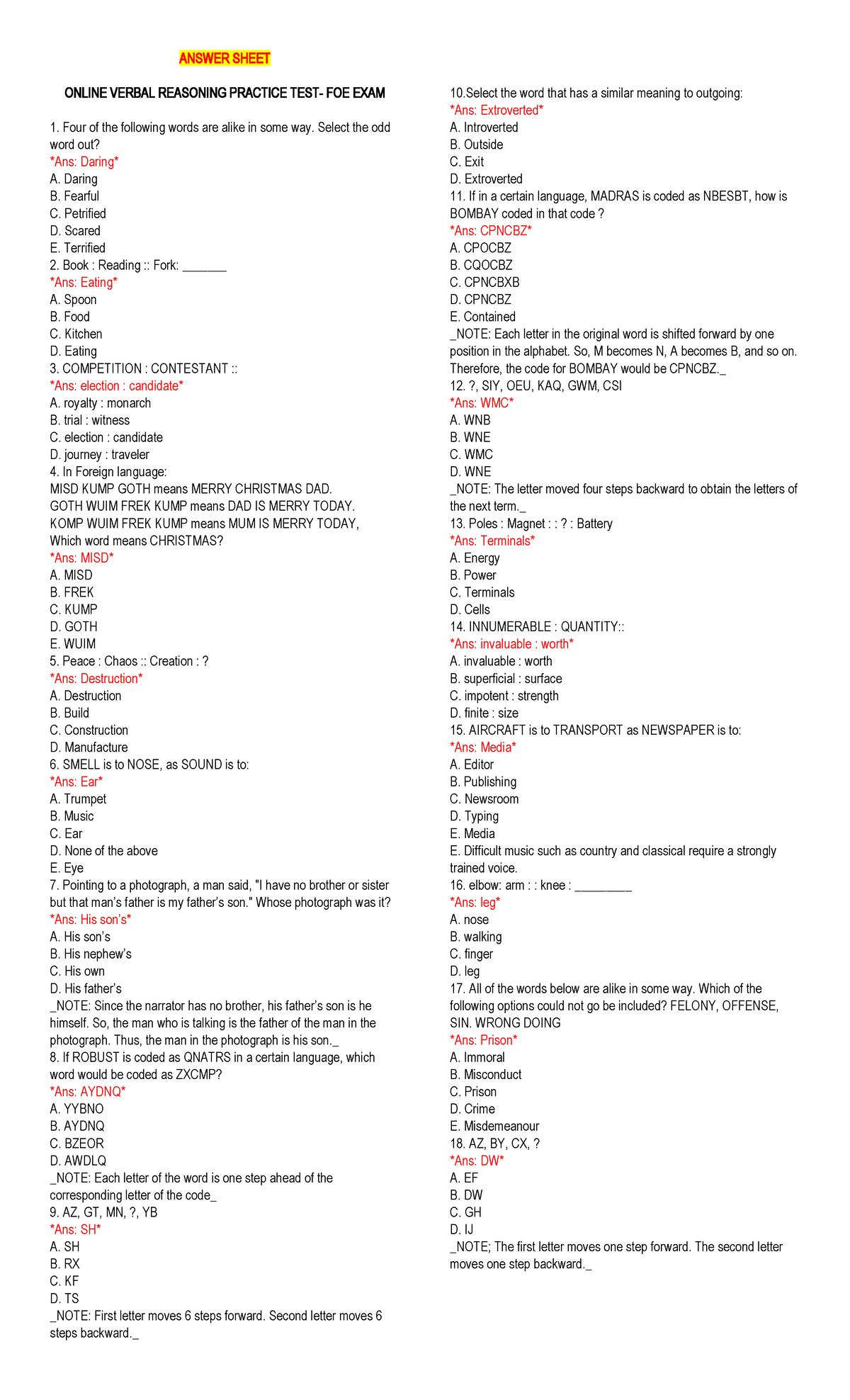 Verbal Reasoning Practice Test (Exam 1) Answer Sheet - Studocu