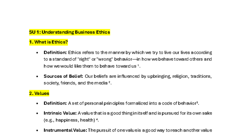 SU 1: Business Ethics Exam Notes - Understanding Key Concepts - Studocu