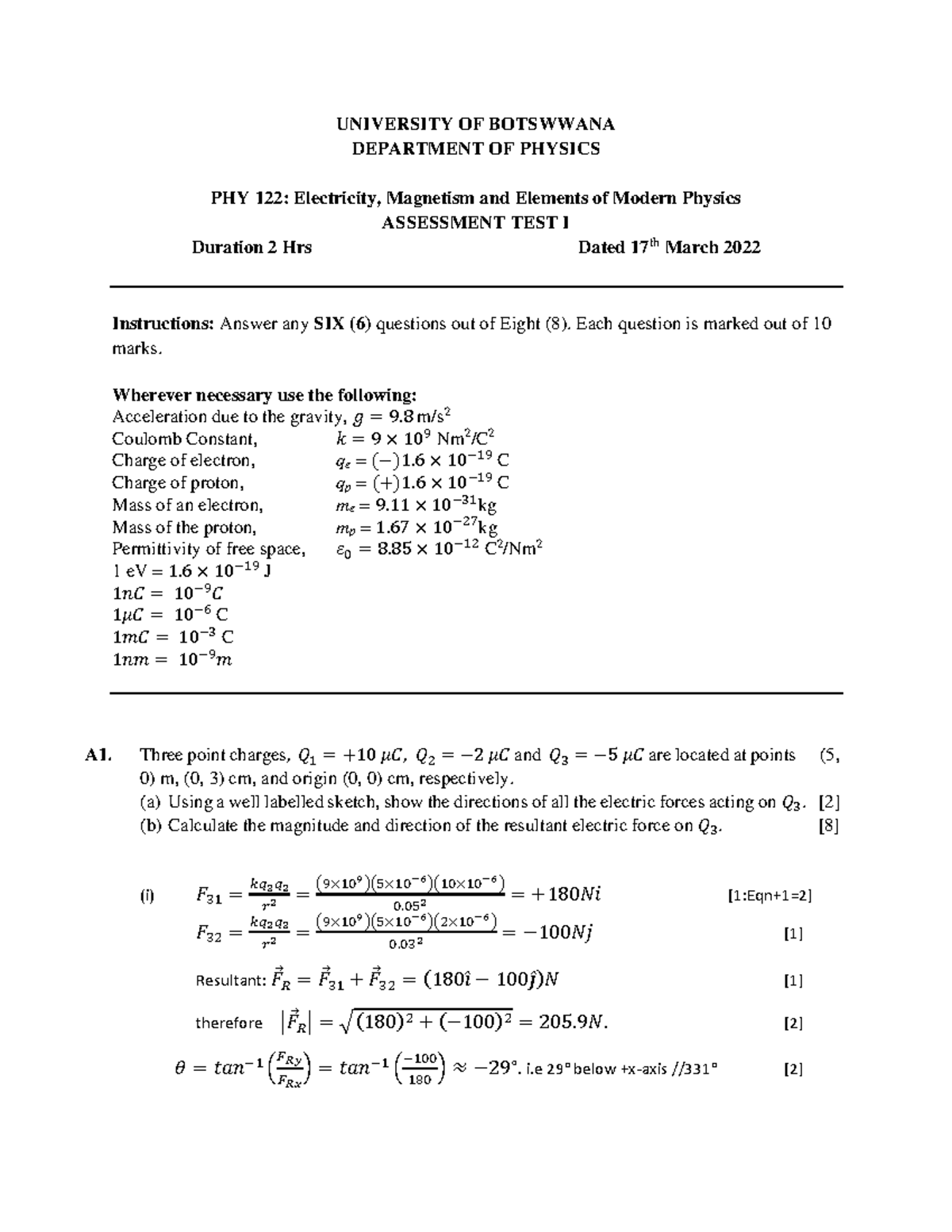 PHY 122: Electricity & Magnetism Assessment Test I - March 2022 - Studocu