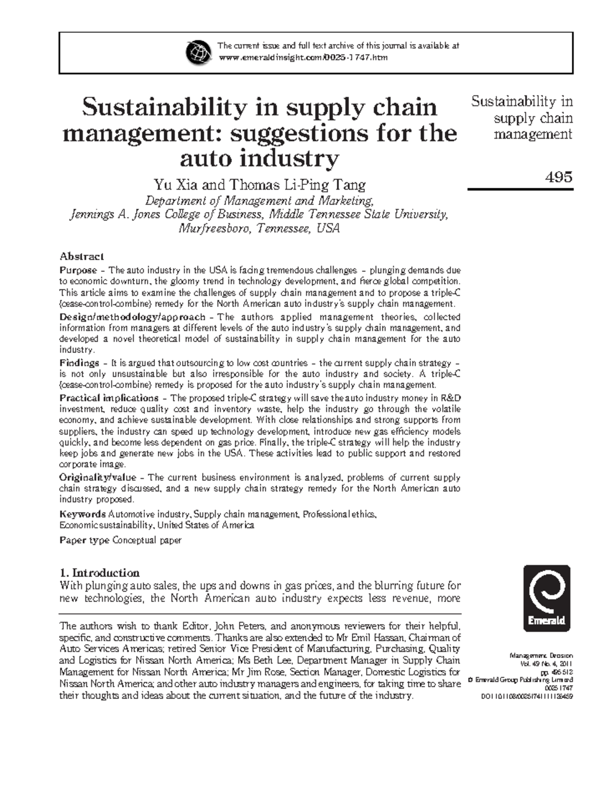 Yu Xia and Thomas Li-Ping Tang (2011 ) - Sustainability in supply chain ...